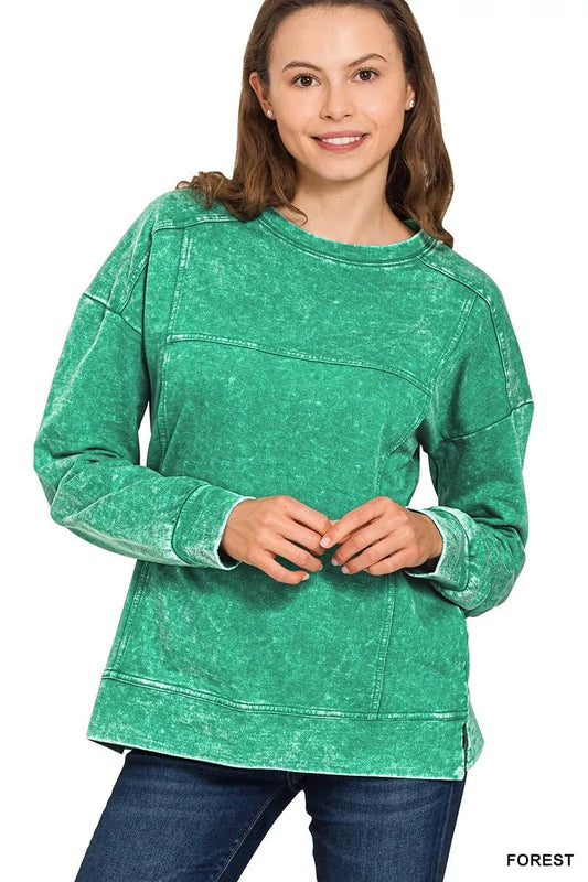 Zenana Acid Wash French Terry Exposed - Seam Pullover - Bitsy Gypsy Boutique