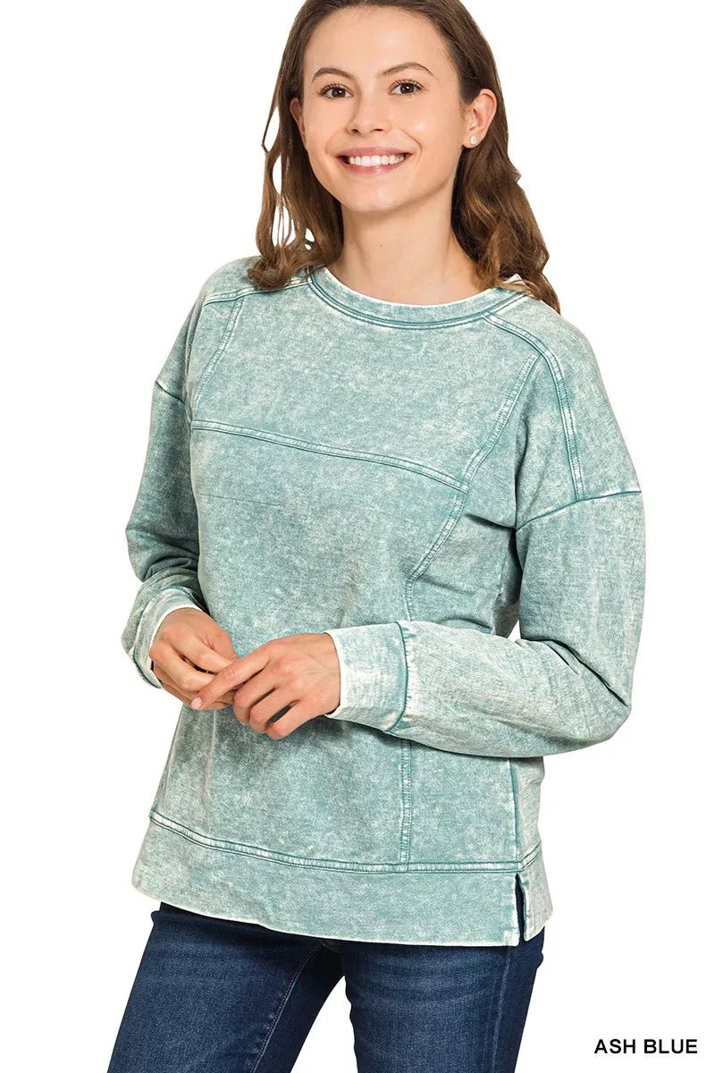 Zenana Acid Wash French Terry Exposed - Seam Pullover - Bitsy Gypsy Boutique