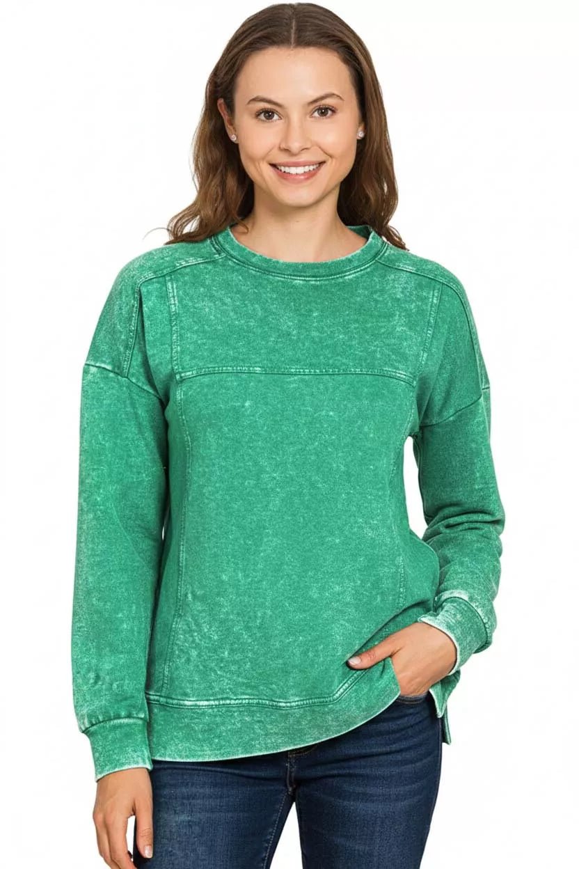Zenana Acid Wash French Terry Exposed - Seam Pullover - Bitsy Gypsy Boutique
