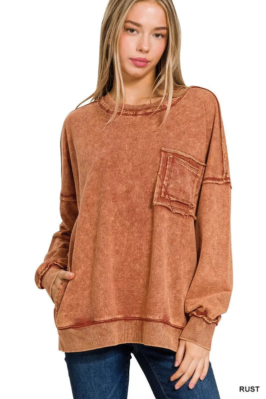 Zenana Acid Wash Raw Edge French Terry Sweatshirt with Front Pocket - Bitsy Gypsy Boutique