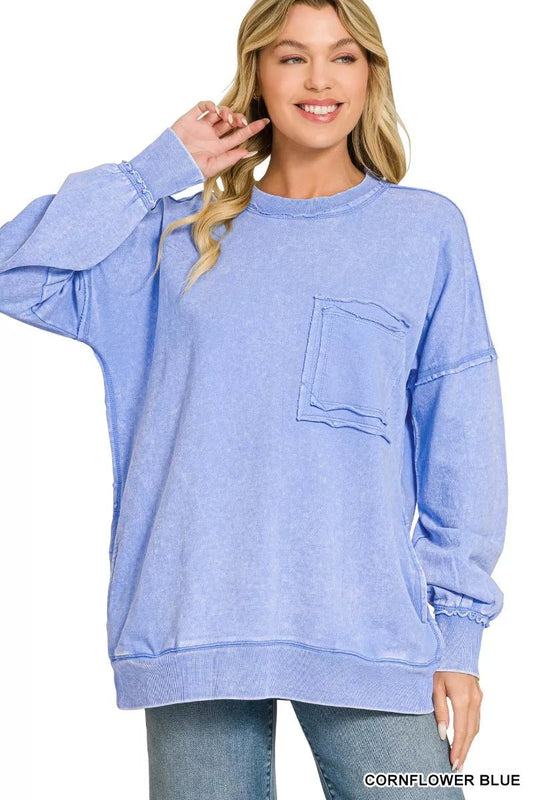 Zenana Acid Wash Raw Edge French Terry Sweatshirt with Front Pocket - Bitsy Gypsy Boutique