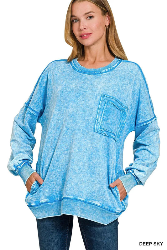Zenana Acid Wash Raw Edge French Terry Sweatshirt with Front Pocket - Bitsy Gypsy Boutique