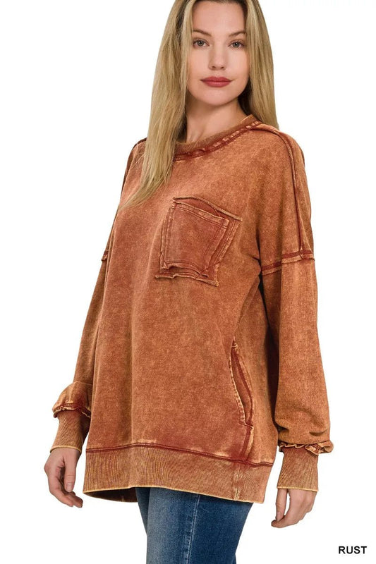 Zenana Acid Wash Raw Edge French Terry Sweatshirt with Front Pocket - Bitsy Gypsy Boutique