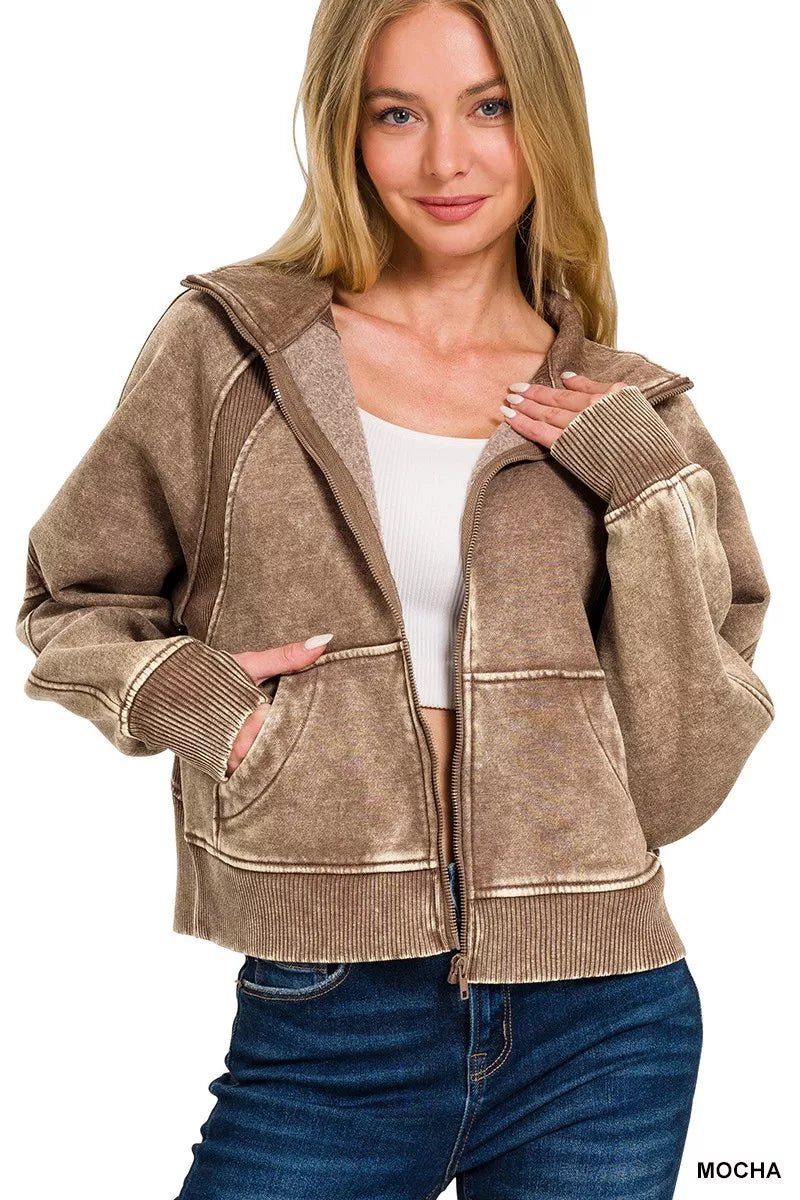 Zenana Acid Wash Zip Up Fleece Jacket - Bitsy Gypsy Boutique
