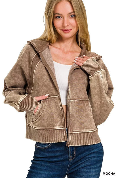 Zenana Acid Wash Zip Up Fleece Jacket - Bitsy Gypsy Boutique