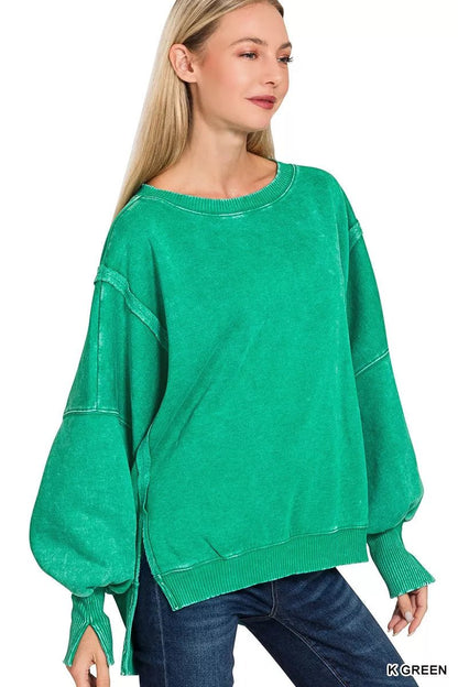 Zenana Acid Washed Batwing Sleeve Fleece Sweatshirt - Bitsy Gypsy Boutique