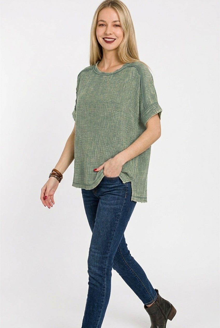 Zenana Acid Washed Double Gauze Round - neck Tee - Bitsy Gypsy Boutique