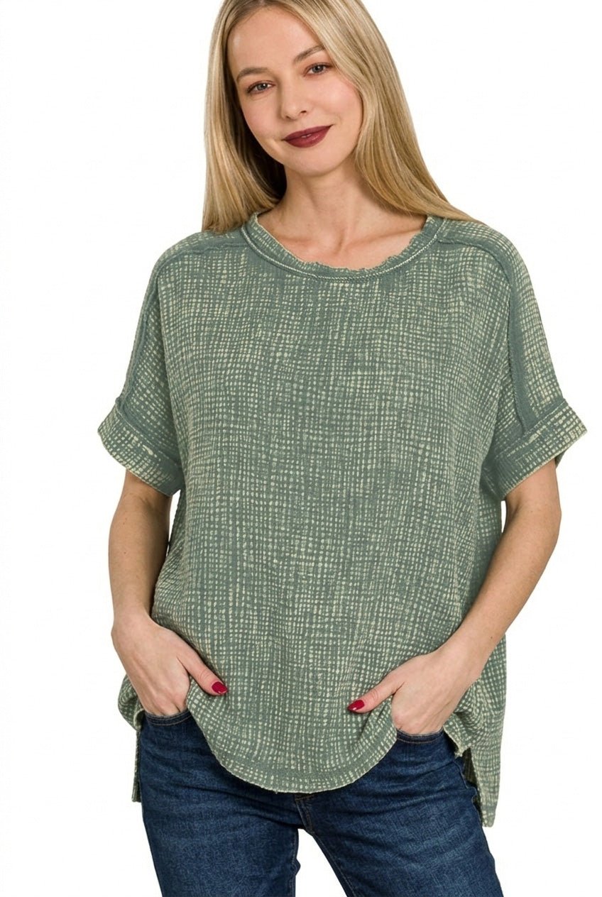 Zenana Acid Washed Double Gauze Round - neck Tee - Bitsy Gypsy Boutique