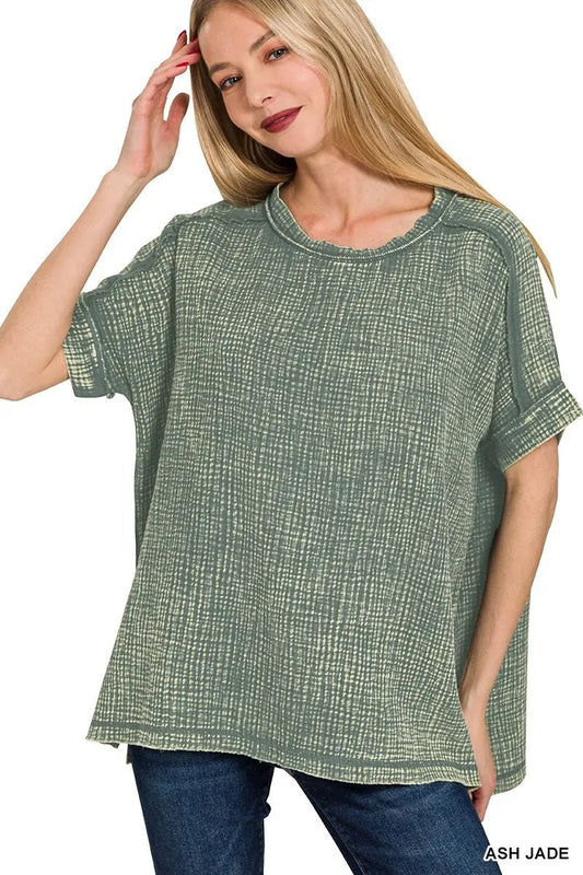 Zenana Acid Washed Double Gauze Round - neck Tee - Bitsy Gypsy Boutique