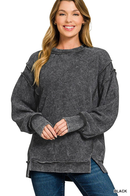 Zenana Acid Washed Double Ribbed Exposed - Seam Sweatshirt - Bitsy Gypsy Boutique
