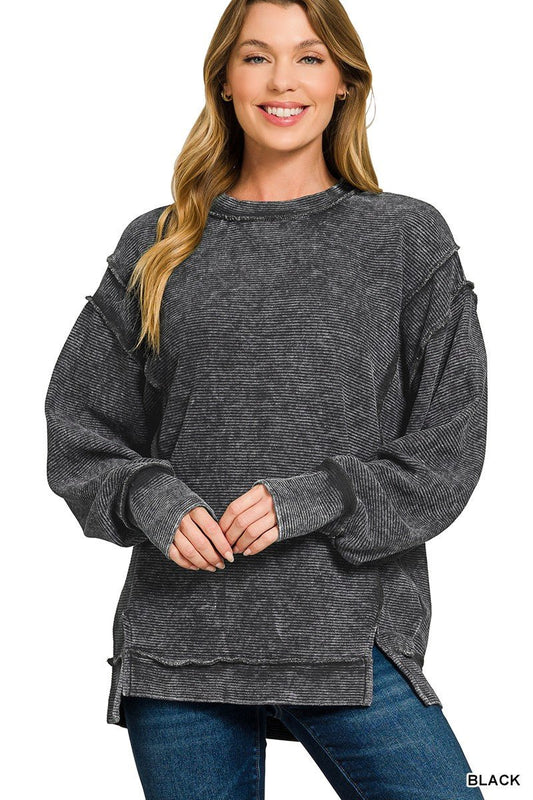 Zenana Acid Washed Double Ribbed Exposed - Seam Sweatshirt - Bitsy Gypsy Boutique