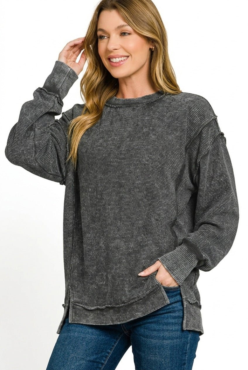 Zenana Acid Washed Double Ribbed Exposed - Seam Sweatshirt - Bitsy Gypsy Boutique