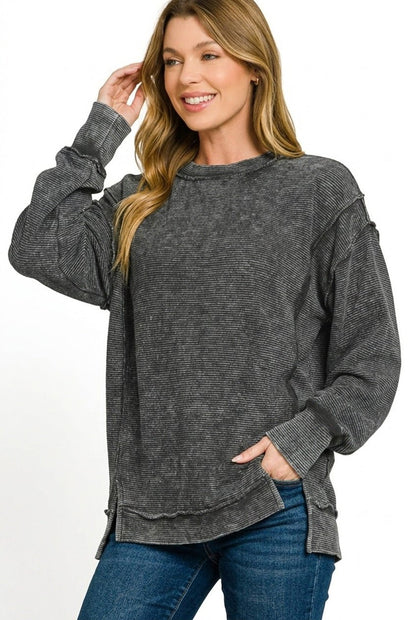 Zenana Acid Washed Double Ribbed Exposed - Seam Sweatshirt - Bitsy Gypsy Boutique