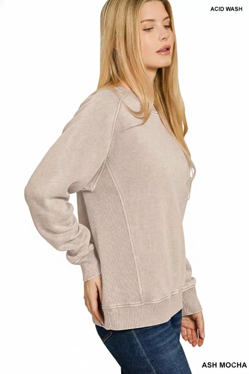 Zenana Acid Washed Fleece Sweatshirt with Side Rib - Bitsy Gypsy Boutique