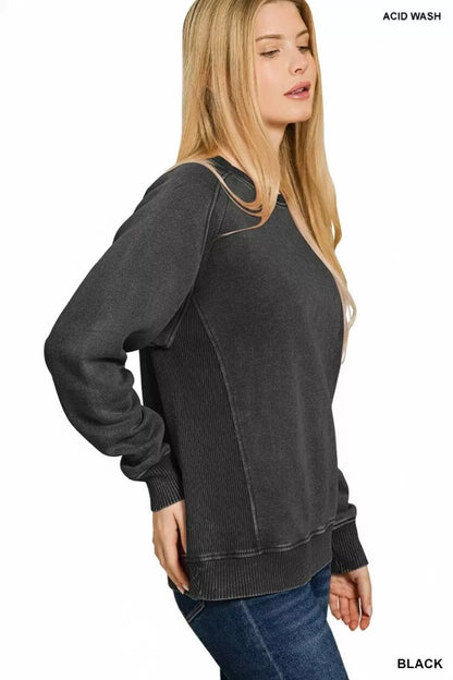 Zenana Acid Washed Fleece Sweatshirt with Side Rib - Bitsy Gypsy Boutique