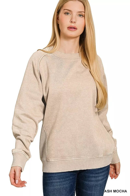 Zenana Acid Washed Fleece Sweatshirt with Side Rib - Bitsy Gypsy Boutique