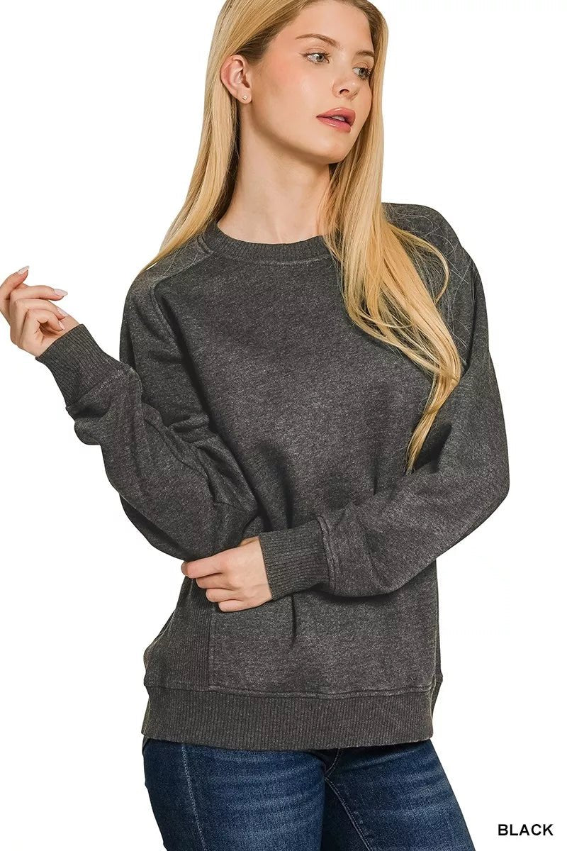 Zenana Acid Washed Fleece Sweatshirt with Side Rib - Bitsy Gypsy Boutique