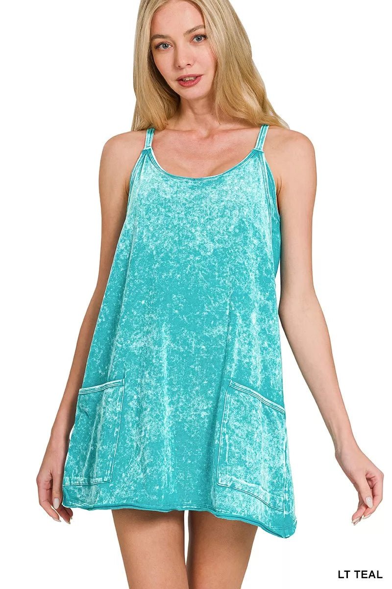 Zenana Acid Washed Mini Dress With Built - in Romper Liner - Bitsy Gypsy Boutique