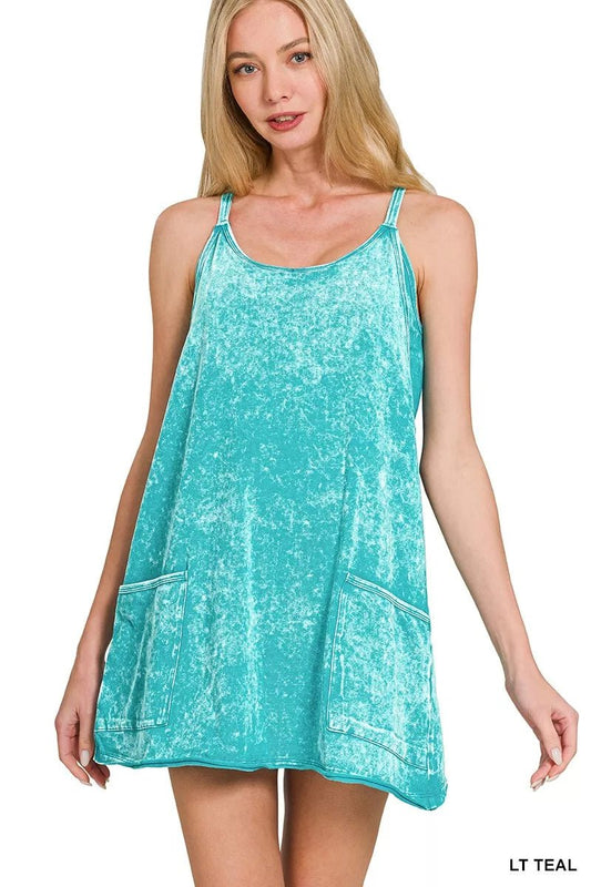 Zenana Acid Washed Mini Dress With Built - in Romper Liner - Bitsy Gypsy Boutique