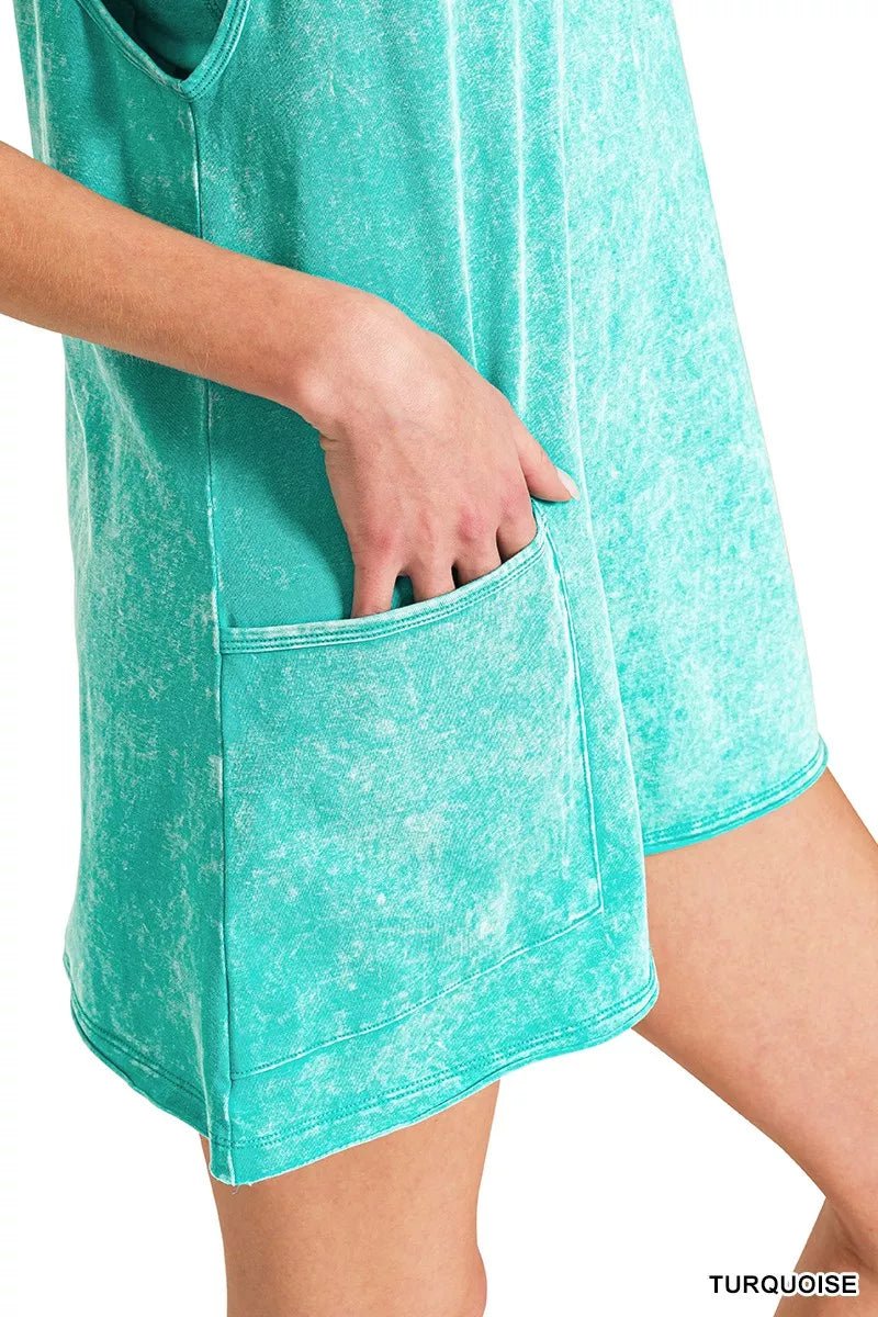 Zenana Acid Washed Mini Dress With Built - in Romper Liner - Bitsy Gypsy Boutique