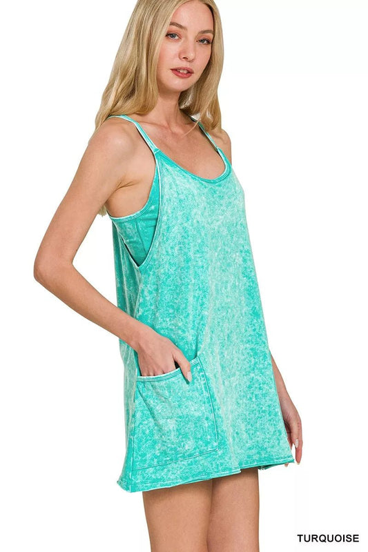 Zenana Acid Washed Mini Dress With Built - in Romper Liner - Bitsy Gypsy Boutique