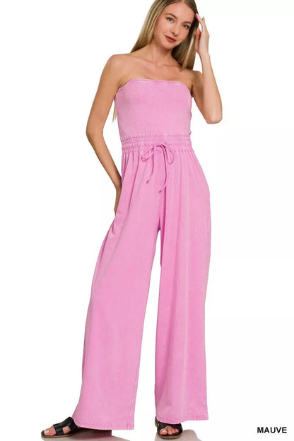 Zenana Acid Washed Strapless Tube Top Jumpsuit - Bitsy Gypsy Boutique