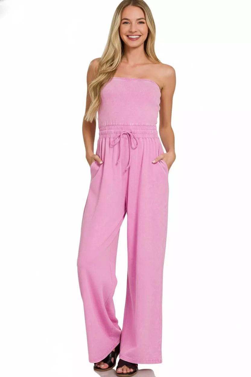 Zenana Acid Washed Strapless Tube Top Jumpsuit - Bitsy Gypsy Boutique