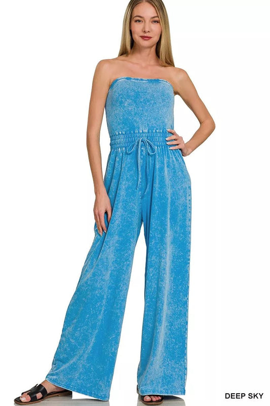 Zenana Acid Washed Strapless Tube Top Jumpsuit - Bitsy Gypsy Boutique