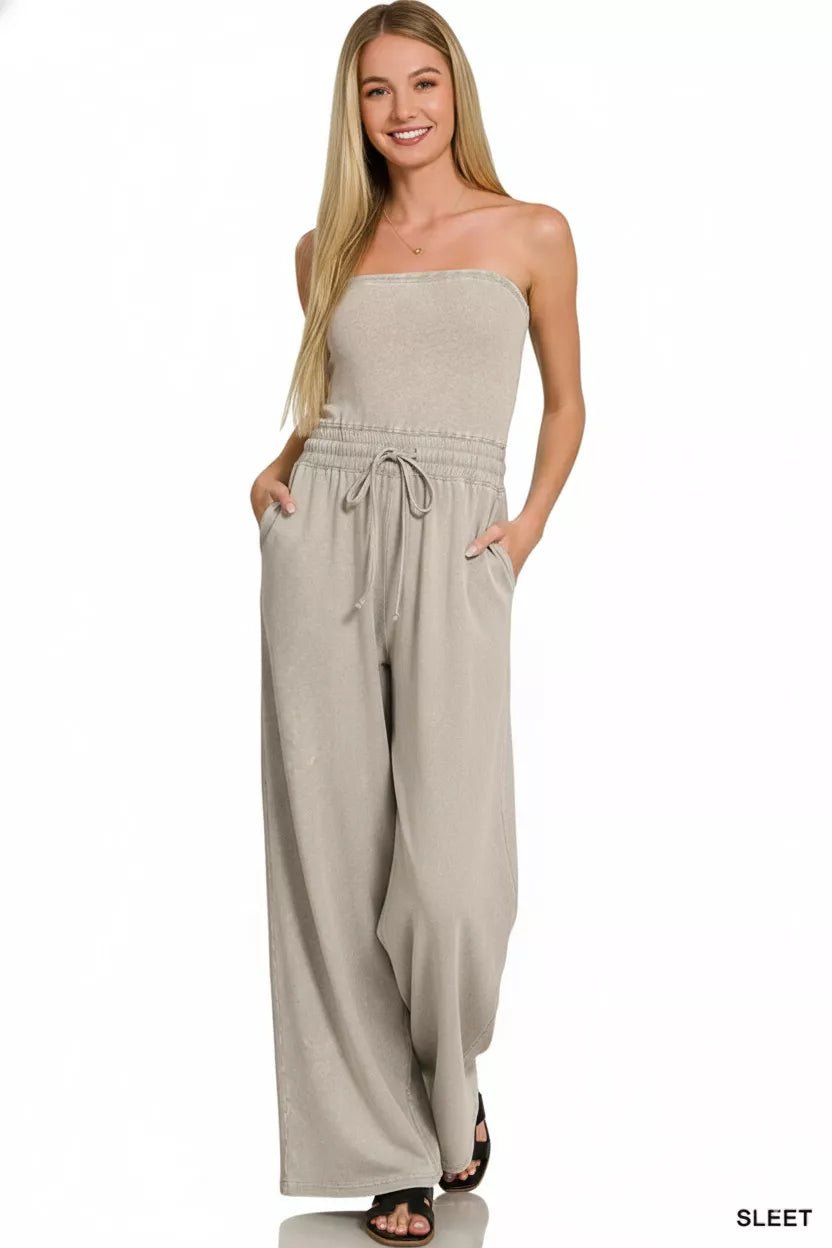 Zenana Acid Washed Strapless Tube Top Jumpsuit - Bitsy Gypsy Boutique