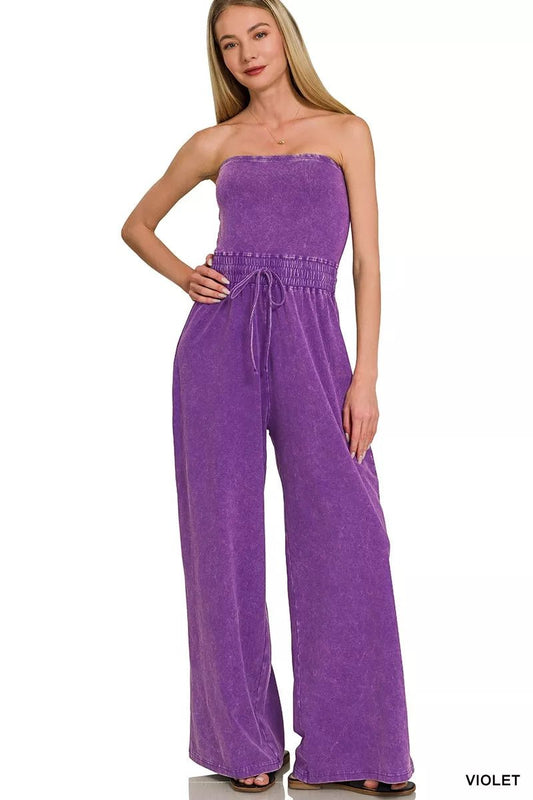 Zenana Acid Washed Strapless Tube Top Jumpsuit - Bitsy Gypsy Boutique