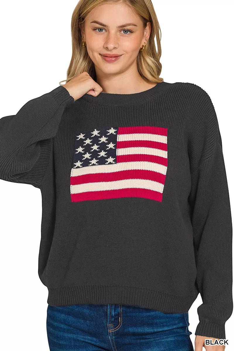 Zenana American Flag Crew Neck Sweater - Bitsy Gypsy Boutique