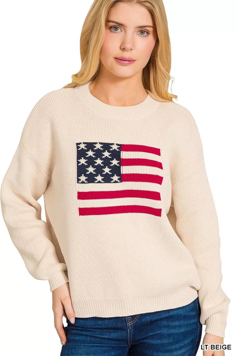 Zenana American Flag Crew Neck Sweater - Bitsy Gypsy Boutique