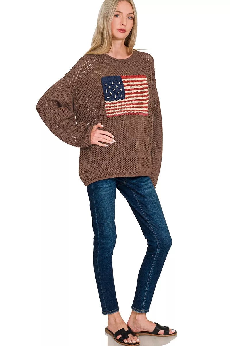 Zenana American Flag Crew Neck Sweater - Bitsy Gypsy Boutique
