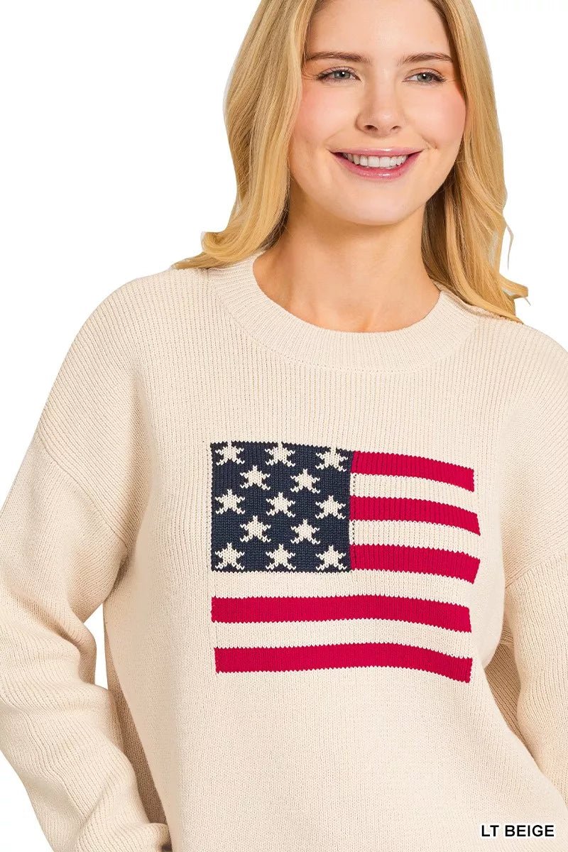 Zenana American Flag Crew Neck Sweater - Bitsy Gypsy Boutique