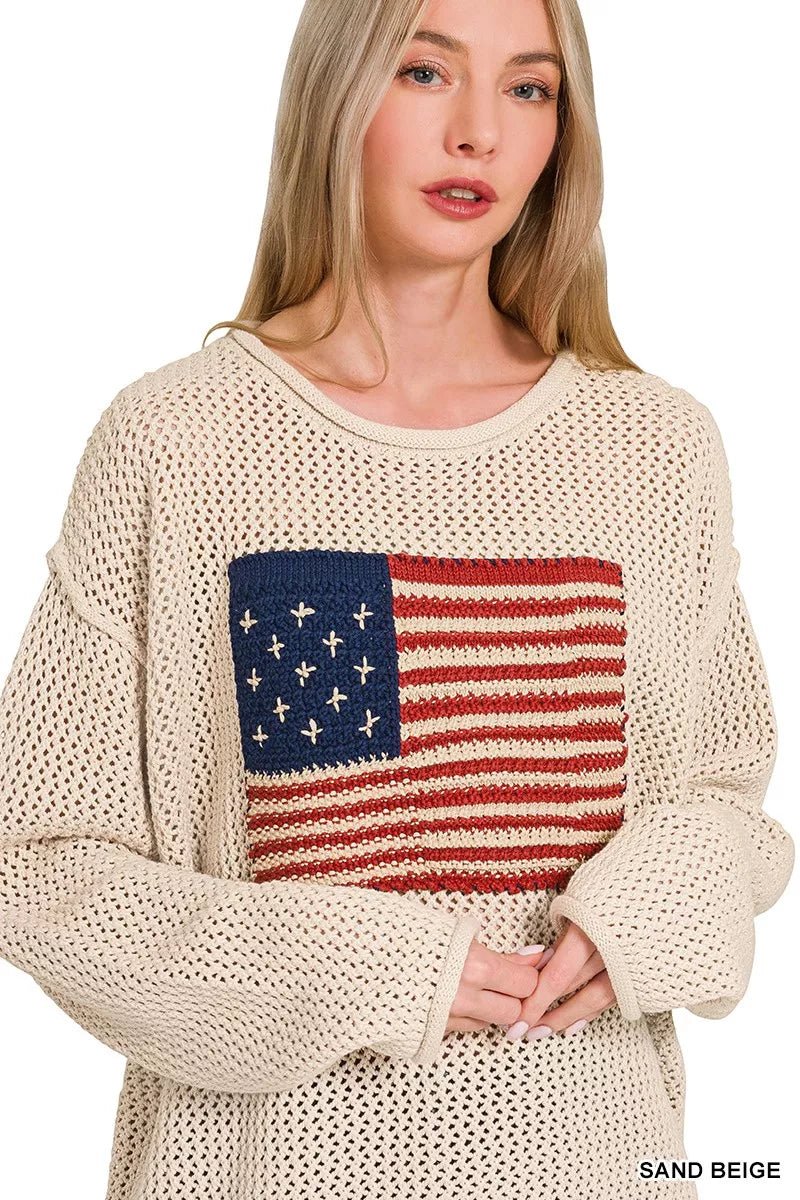 Zenana American Flag Crew Neck Sweater - Bitsy Gypsy Boutique