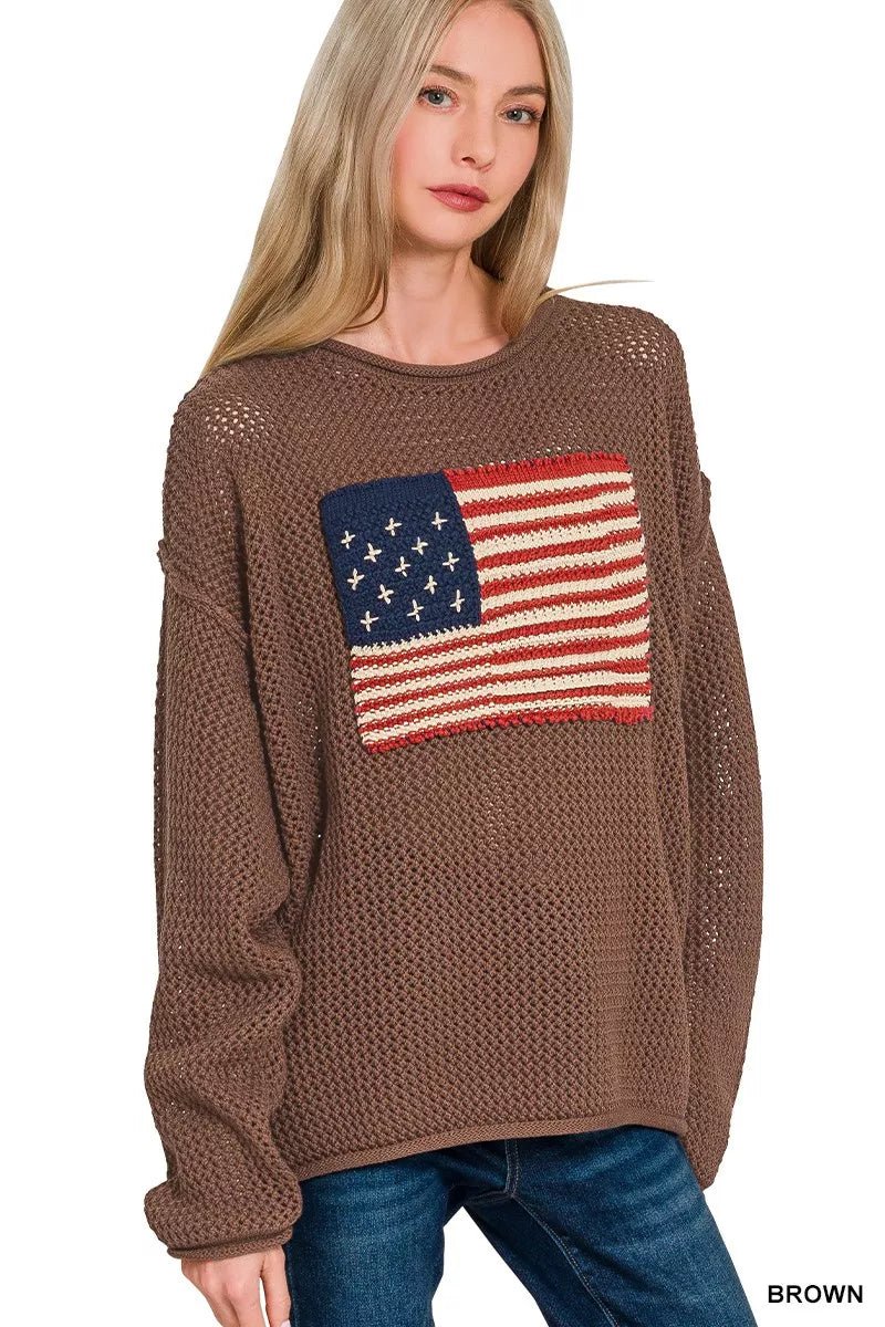 Zenana American Flag Crew Neck Sweater - Bitsy Gypsy Boutique