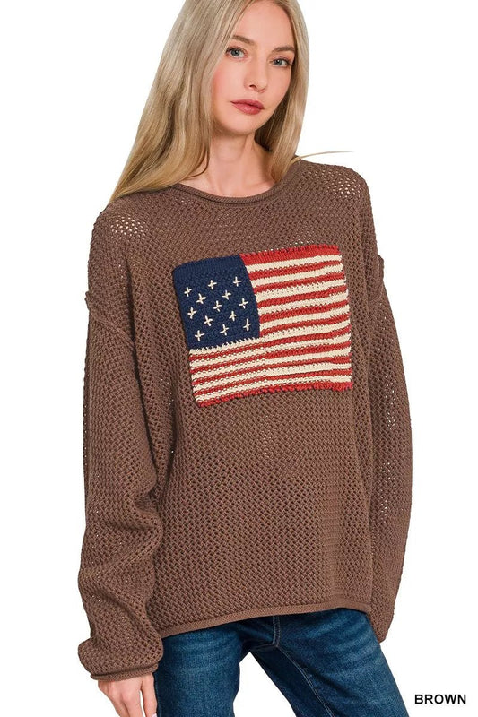Zenana American Flag Crew Neck Sweater - Bitsy Gypsy Boutique