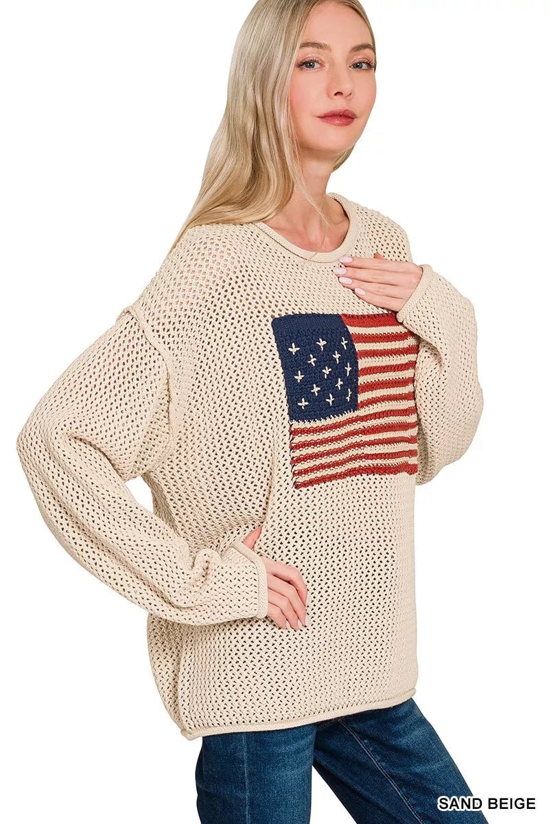 Zenana American Flag Crew Neck Sweater - Bitsy Gypsy Boutique
