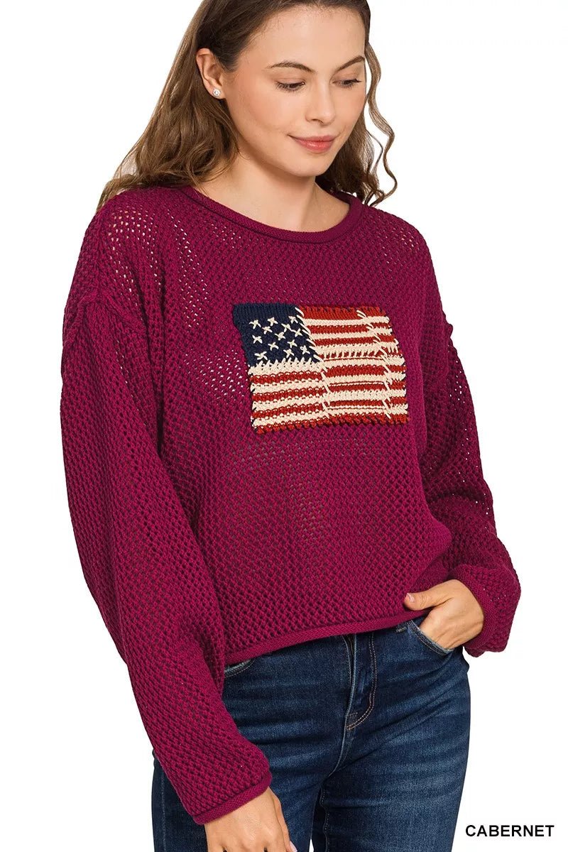 Zenana American Flag Crew Neck Sweater - Bitsy Gypsy Boutique