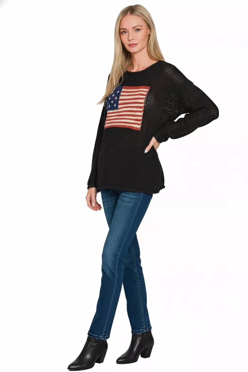 Zenana American Flag Crew Neck Sweater - Bitsy Gypsy Boutique