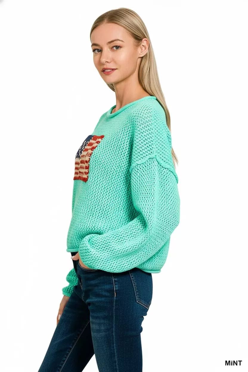 Zenana American Flag Crew Neck Sweater - Bitsy Gypsy Boutique