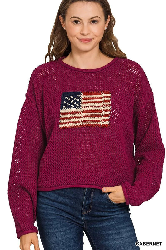 Zenana American Flag Crew Neck Sweater - Bitsy Gypsy Boutique