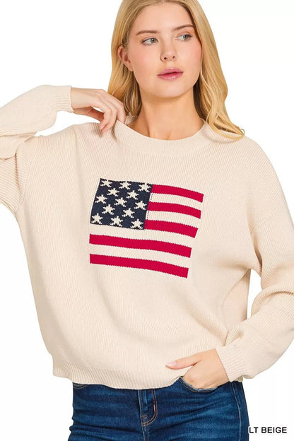 Zenana American Flag Crew Neck Sweater - Bitsy Gypsy Boutique