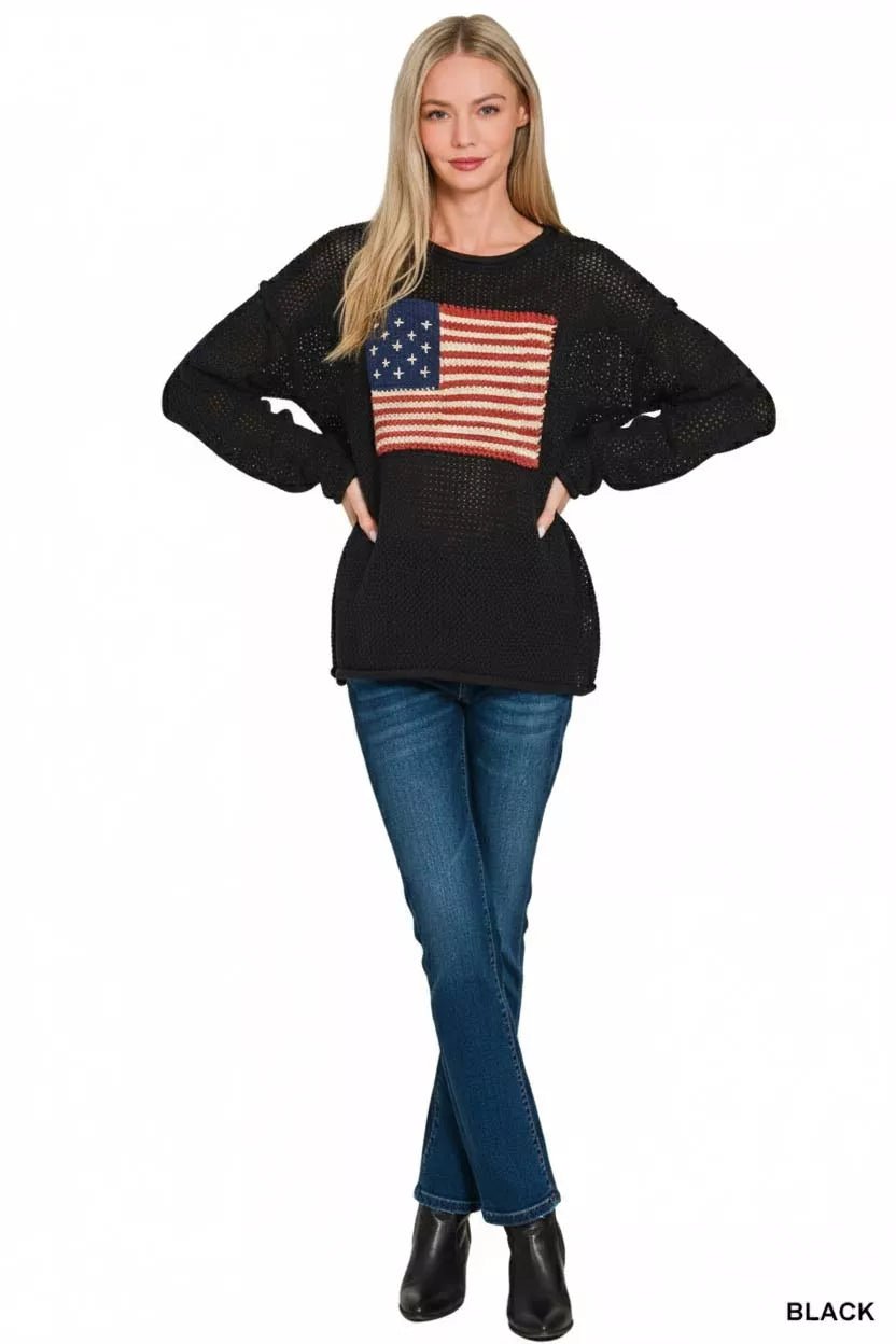 Zenana American Flag Crew Neck Sweater - Bitsy Gypsy Boutique