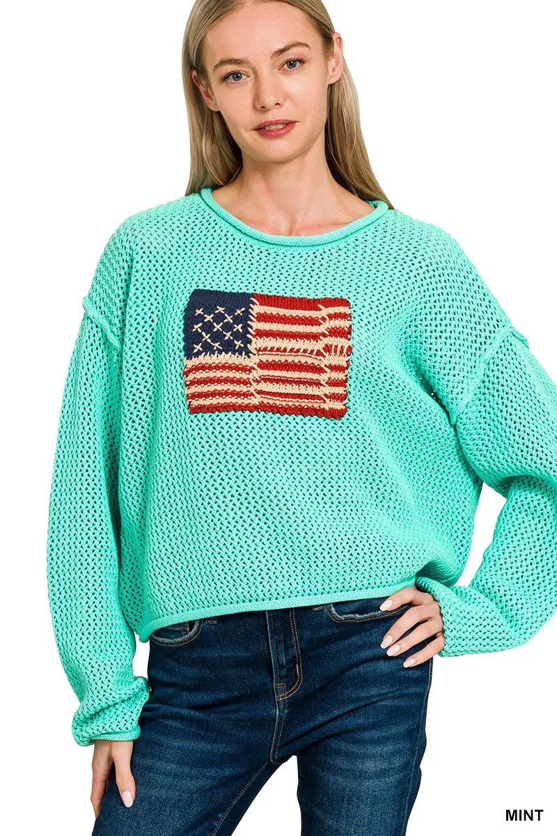 Zenana American Flag Crew Neck Sweater - Bitsy Gypsy Boutique