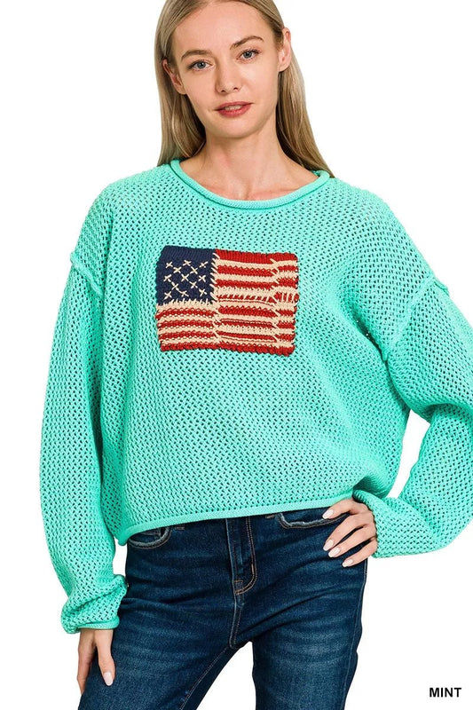 Zenana American Flag Crew Neck Sweater - Bitsy Gypsy Boutique