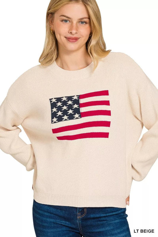 Zenana American Flag Crew Neck Sweater - Bitsy Gypsy Boutique
