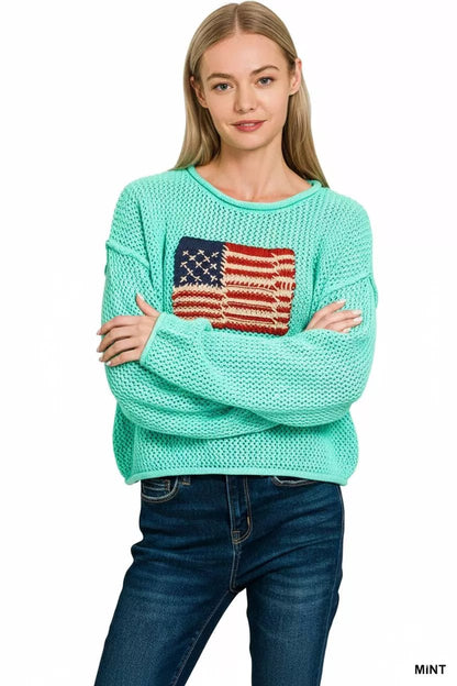 Zenana American Flag Crew Neck Sweater - Bitsy Gypsy Boutique