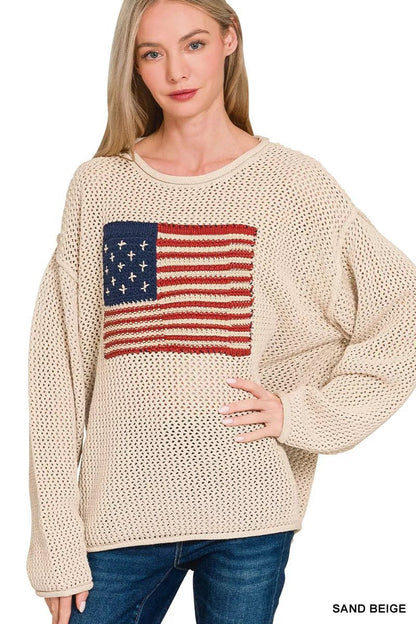 Zenana American Flag Crew Neck Sweater - Bitsy Gypsy Boutique