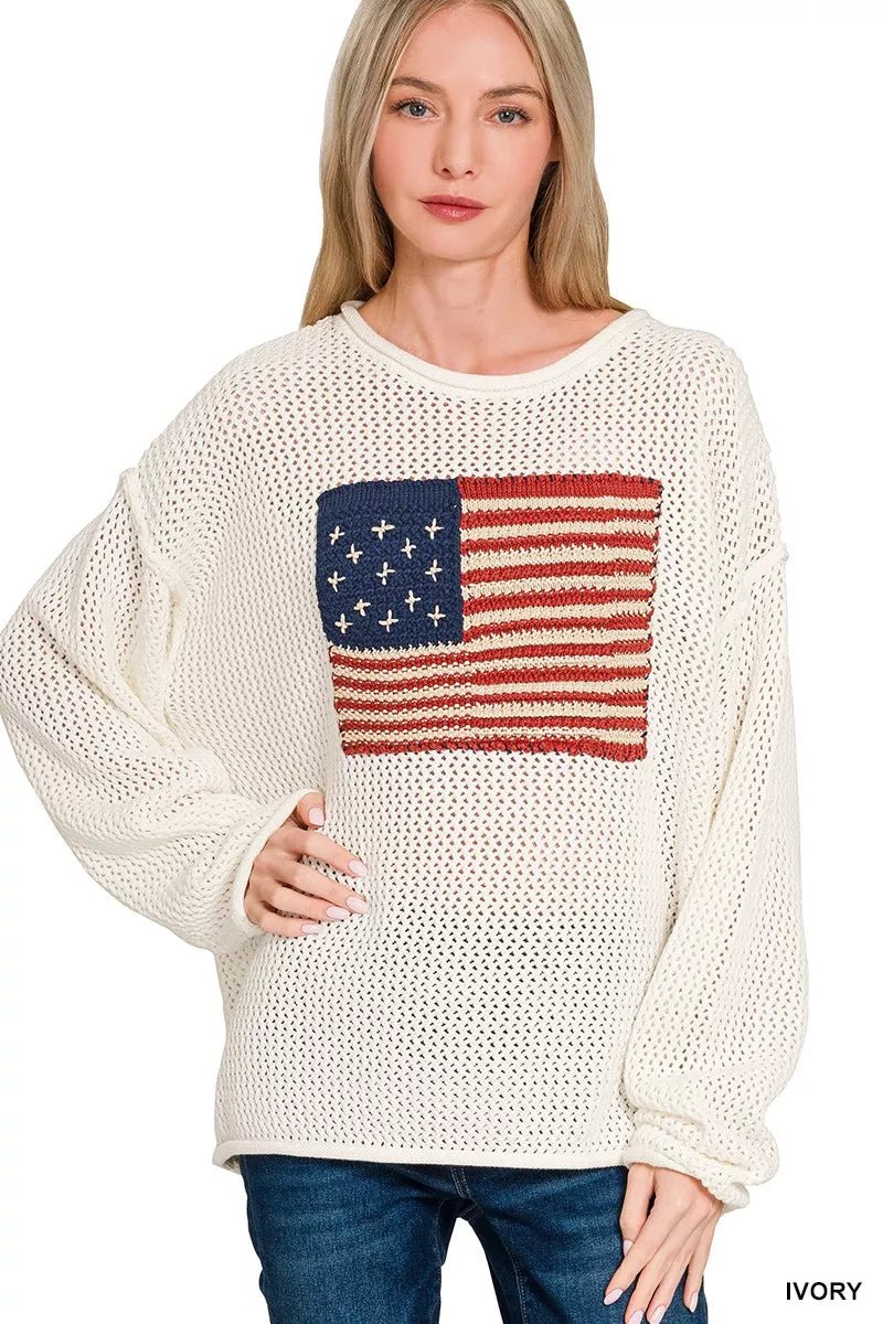 Zenana American Flag Crew Neck Sweater - Bitsy Gypsy Boutique